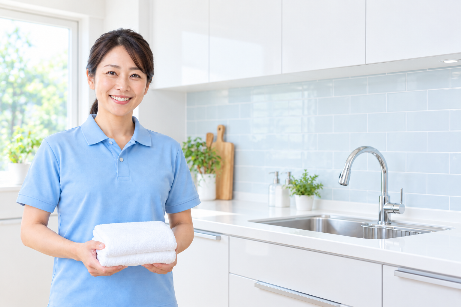 明るいキッチンでタオルを持つ女性清掃スタッフ
